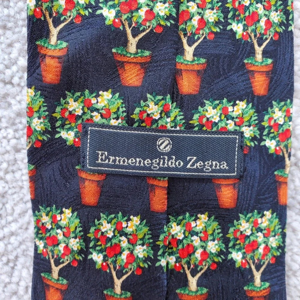 Ermenegildo Zegna Silk Necktie Mens One Size Multicolor Fruit Tree Print Novelty